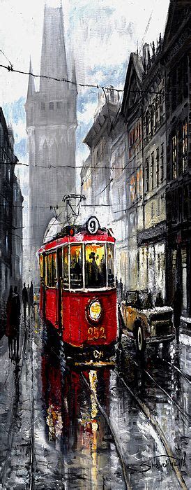 Red Tram By Yuriy Shevchuk City Painting Oil Painting Landscape