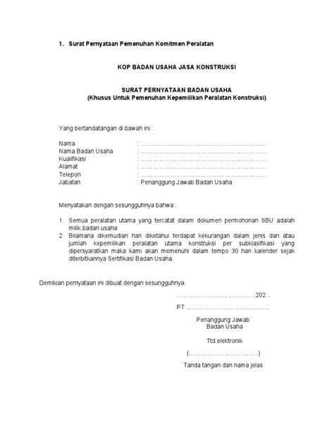 Surat Pernyataan Pemenuhan Komitmen Peralatan Sk No 89 Dirjen Bina