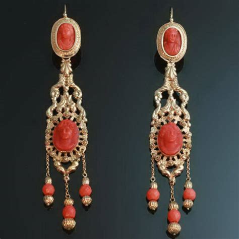 Georgian Coral Cameo Chandelier Dangle Earrings Kt Red Gold Images