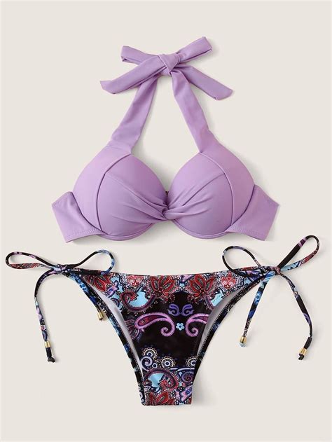 Purple Twist Underwired Halter Top Swimsuit Paisley Print Bikini Bottom