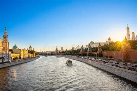 Moskva River With The Kremlin S Towers At Sunset Moscow Russia Stock
