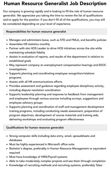 Human Resource Generalist Job Description Velvet Jobs