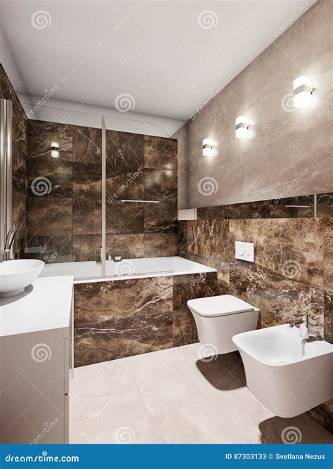 Modern Bathroom Interior With Beige And Brown Marble Tiles Stock Image