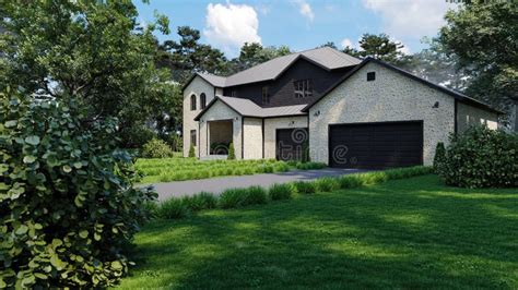 Large Beautiful House With Two Garages 3d Render Of A House Stock