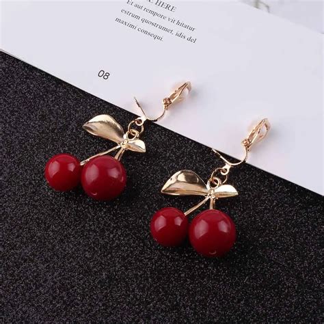 Jiofree New Fashion Cute Lovely Red Cherry Clip Earrings Rhinestone