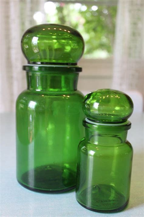 Set Of 2 Vintage Green Glass Apothecary Jars Made In Belgium Etsy Glass Apothecary Jars