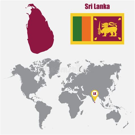 mapa de sri lanka em um mapa do mundo com o ponteiro da bandeira e do mapa ilustração do vetor