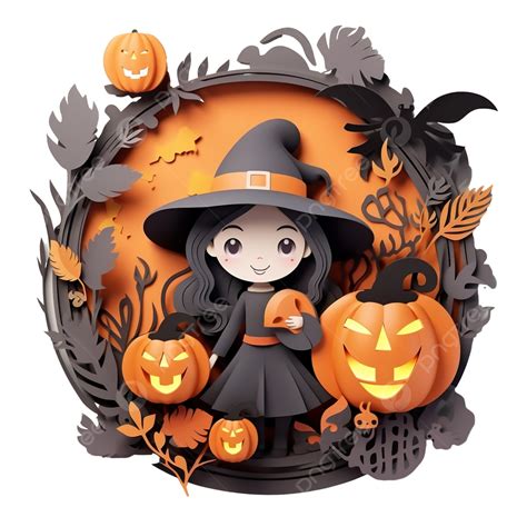 Happy Halloween Greeting Card In Paper Cut Style With Cute Witch