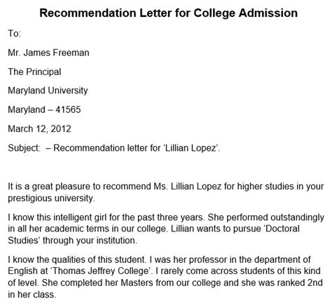 Sample College Recommendation Letter Templates Word Templatedata