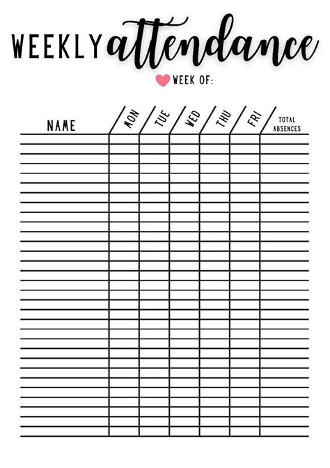 Weekly Attendance Tracker Printable Student Attendance Sheet For