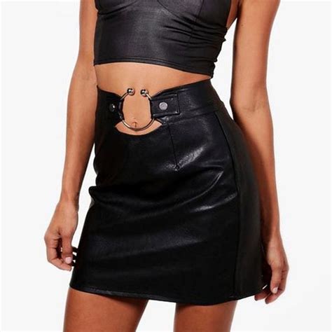 Pu Faux Leather Zipper Open Package Hip Skirt High Waist A Line Mini Skirts Night Club Bar Wear