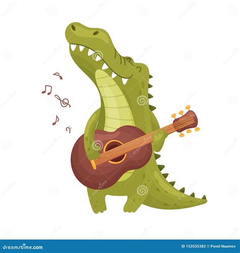 Cute Crocodile With A Guitar Vector Illustration On White Background