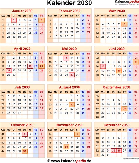 Kalender 2030 Mit Feiertagen Und Kalenderwochen