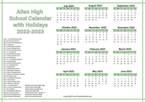 Allen High School Holiday Calendar Us School Calendar