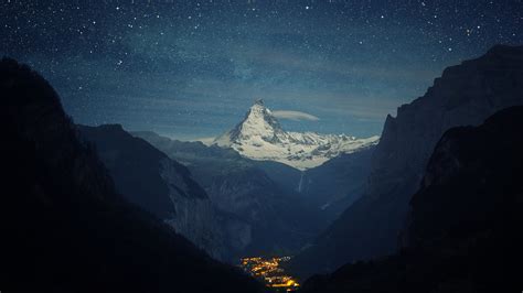 Snow Winter Lights Night Stars Landscape Mountain Matterhorn