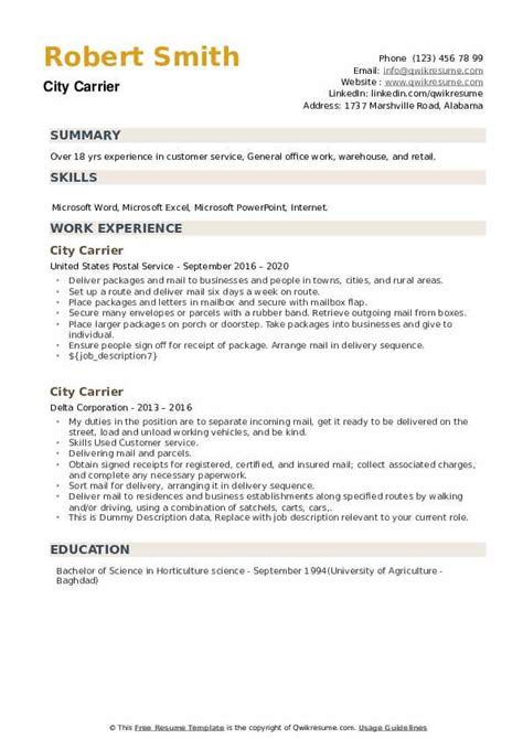 Resume templates and examples to download for free in word format ✅ +50 cv samples in word. City Carrier Resume Samples | QwikResume