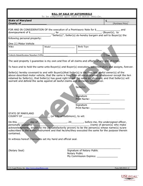 Bill Of Sale For Car Maryland With Deposit Us Legal Forms