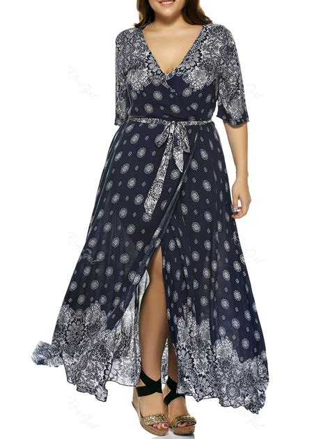 Deep Blue Plus Size Plunge Print Bohemian Wrap Maxi Dress