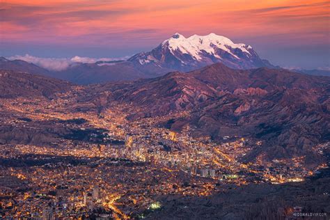 Sunset Over La Paz Bolivia With Illimani Behind City Cities