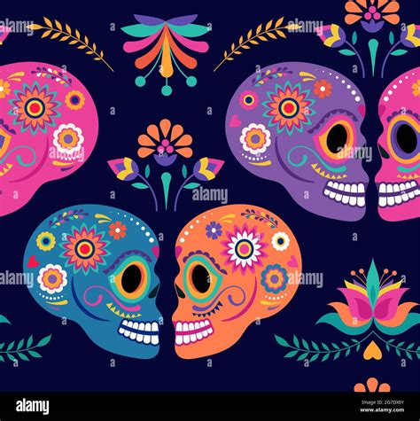 Day Of The Dead Seamless Pattern And Background With Colorful Skulls