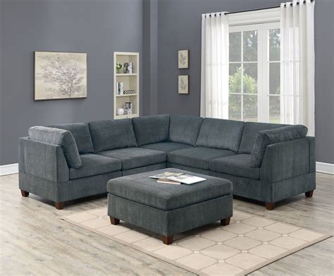 Unique Modular 6pc Sectional Sofa Set Grey Chenille Fabric Wood Legs 3