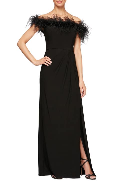 Alex Evenings Feather Trimmed Off The Shoulder Gown Nordstrom