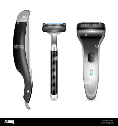 Realistic Set Of Male Razors With Classic And Electric Blades Isolated