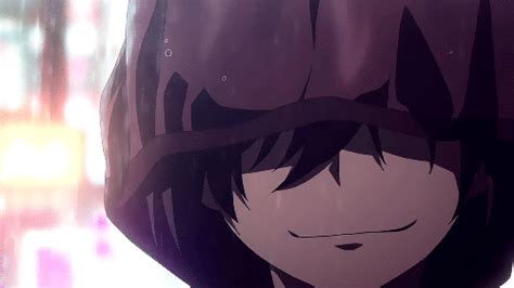 An Anime Character With Black Hair Wearing A Purple Hat And Rain