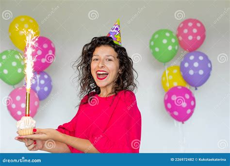 Happy Birthday Brunette Girl Posing With Balloons Fireworks Colorful