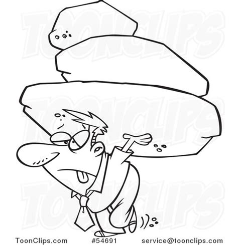 Cartoon Black And White Exhausted Business Man Carrying The Burden Of A
