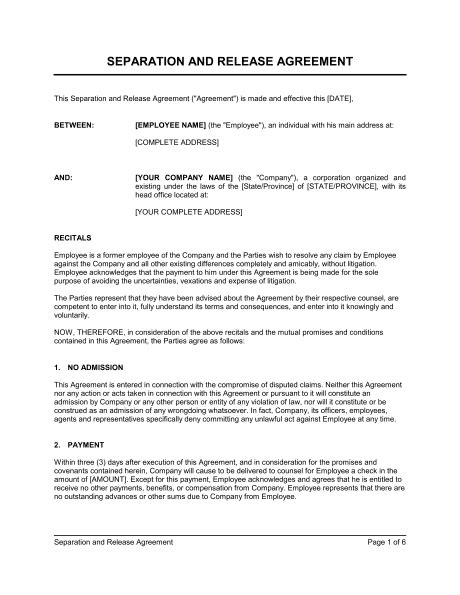 separation  release agreement template sample form