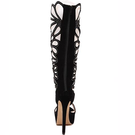 trendy open toe lace up hollow out stiletto super high heel black pu gladiator sandals sandals