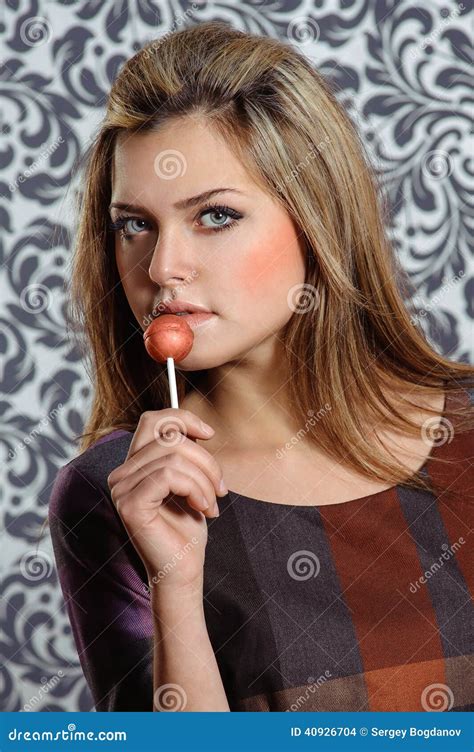 Cute Woman Holding Lollipop Stock Photo Image Of Model Studio