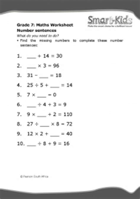 (first grade reading comprehension worksheets). Grade 7 Maths Worksheet: Number sentences | Smartkids