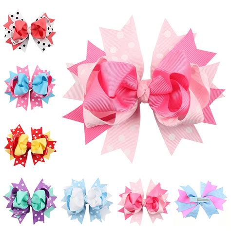 5 Inch Big Hair Bow Girls Dot Butterfly Ribbon Rainbowhair Bows With