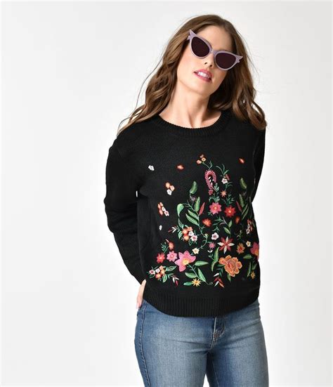 Retro Style Black And Multicolored Floral Embroidered Knit Sweater