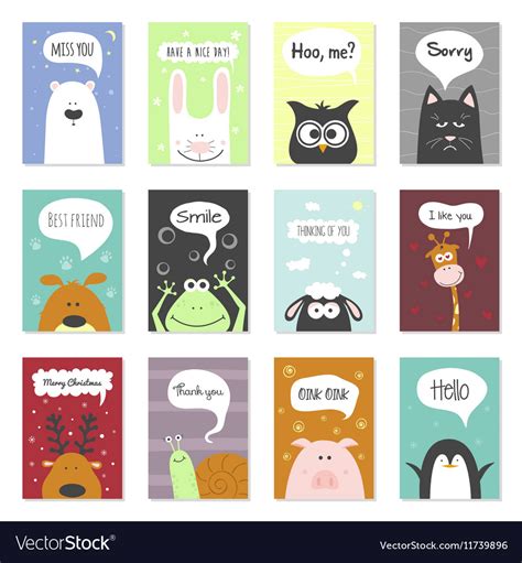 Greeting Cards Set Cute Animals Hand Royalty Free Vector