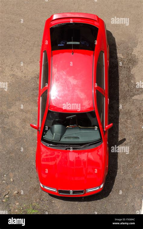 Aerial View Of Red Color Skoda Octiva High End Luxurious Car Stock