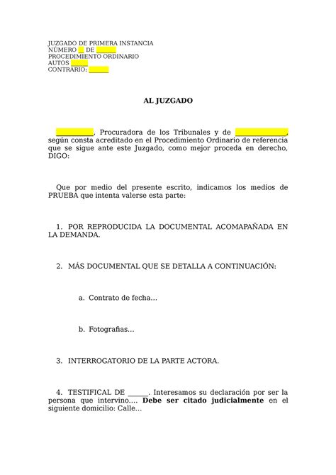 Modelo Nota De Prueba Audiencia Previa Juicio Ordinario Juzgado De