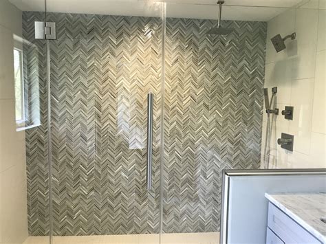 Master Custom Tiled Shower Accent Wall In A Glass Chevron Mosaic Tile