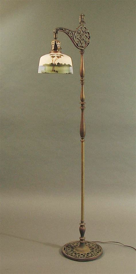 Brass Bridge Floor Lamp With Hand Painted Scenic Glass Shade Antique