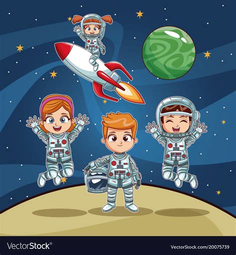 Astronauts Kids On Space Cartoon Royalty Free Vector Image