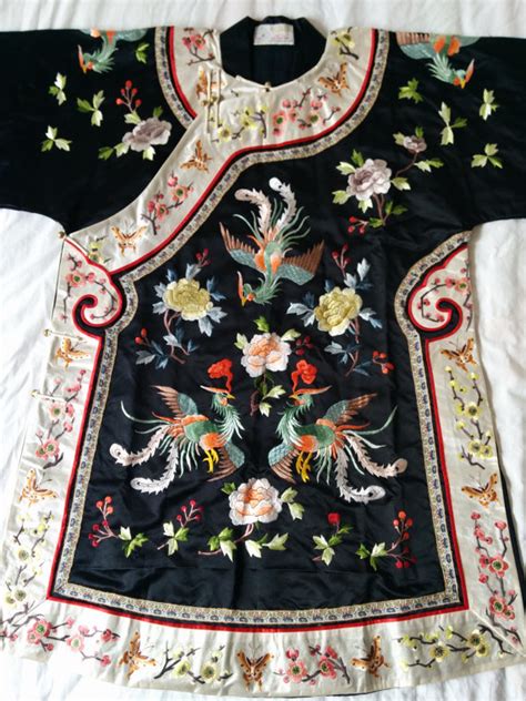 vintage black chinese hand embroidered phoenix peony butterfly silk robe asian embroidery jacket