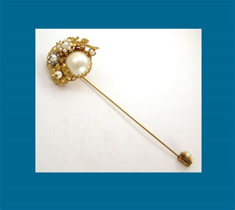 Glass Pearl And Filigree Large Stick Pin