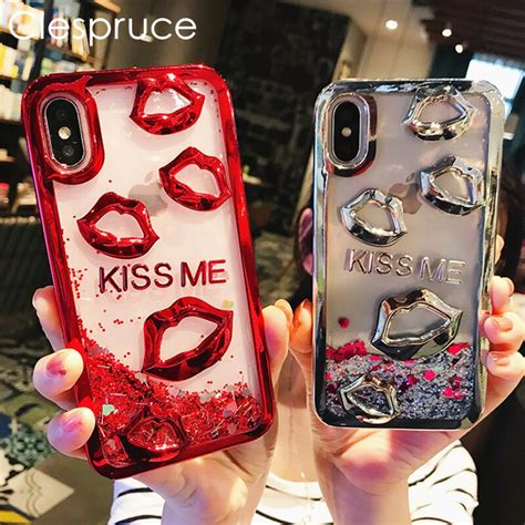 Cute 3d Sexy Lips Kiss Me Glitter Phone Case For Iphone X 8 8plus 6 6s 7 Plus Liquid Dynamic