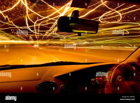 Light Trails On A Motorway From Inside A Car Stock Photo Alamy