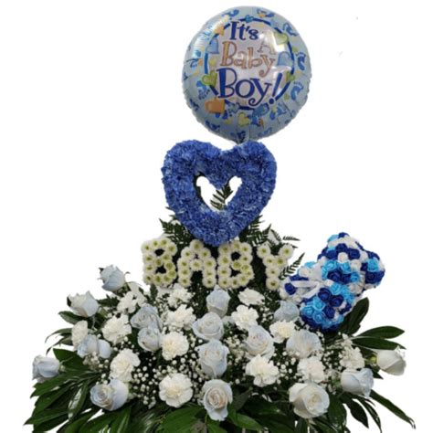 B008 Personalized Baby Boy Flower Arrangement With Blue Teddy Bear