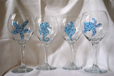 Hand Painted Beach Themed Wine Glasses Set Of Four