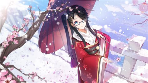 Wallpaper Umbrella Winter Kimono Sakura Blossom Anime Girl