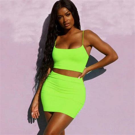 Uk 2pcs Women Holiday Bodycon Skirt Casual Crop Tops Set Ladies Sexy